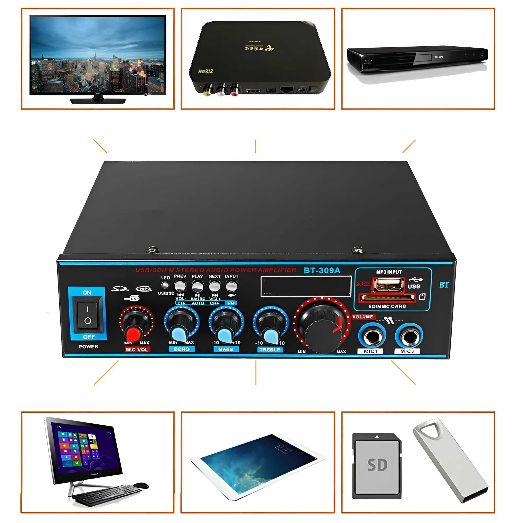 Black recording Bluetooth power amplifier with 50W+50W output for home and car audio systems