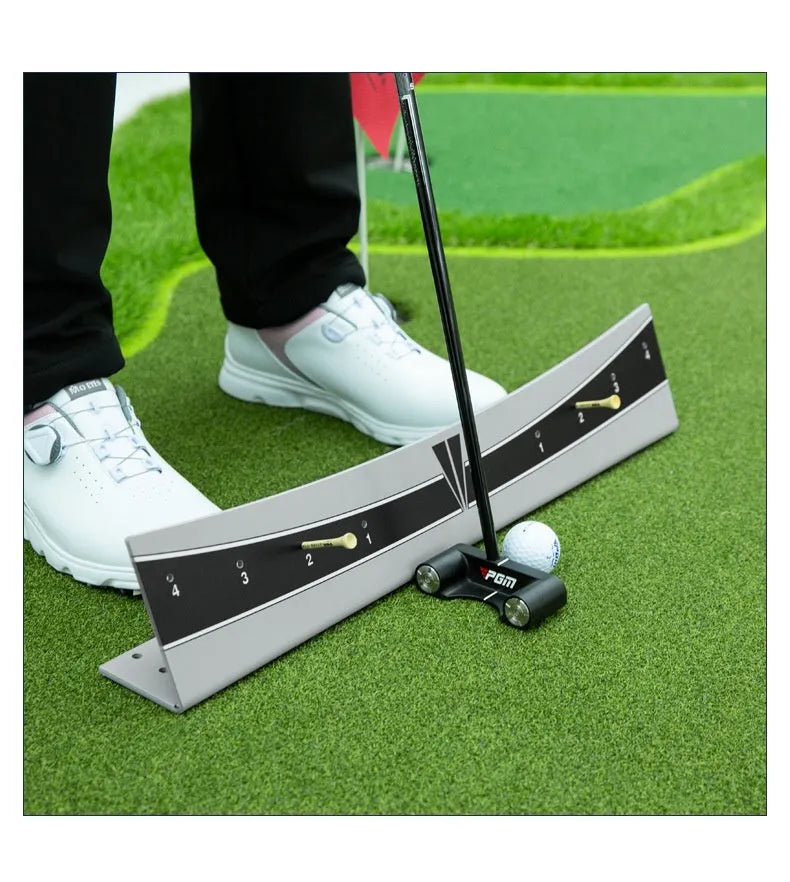 Adjustable golf putter trajectory balance simulator made from white PVC with a push rod balancer.