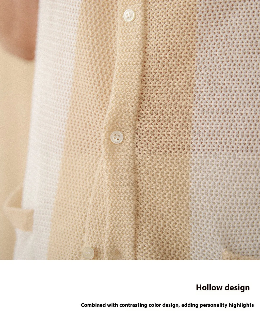 Beige short-sleeved women's cardigan with lapel collar and hollow knit texture