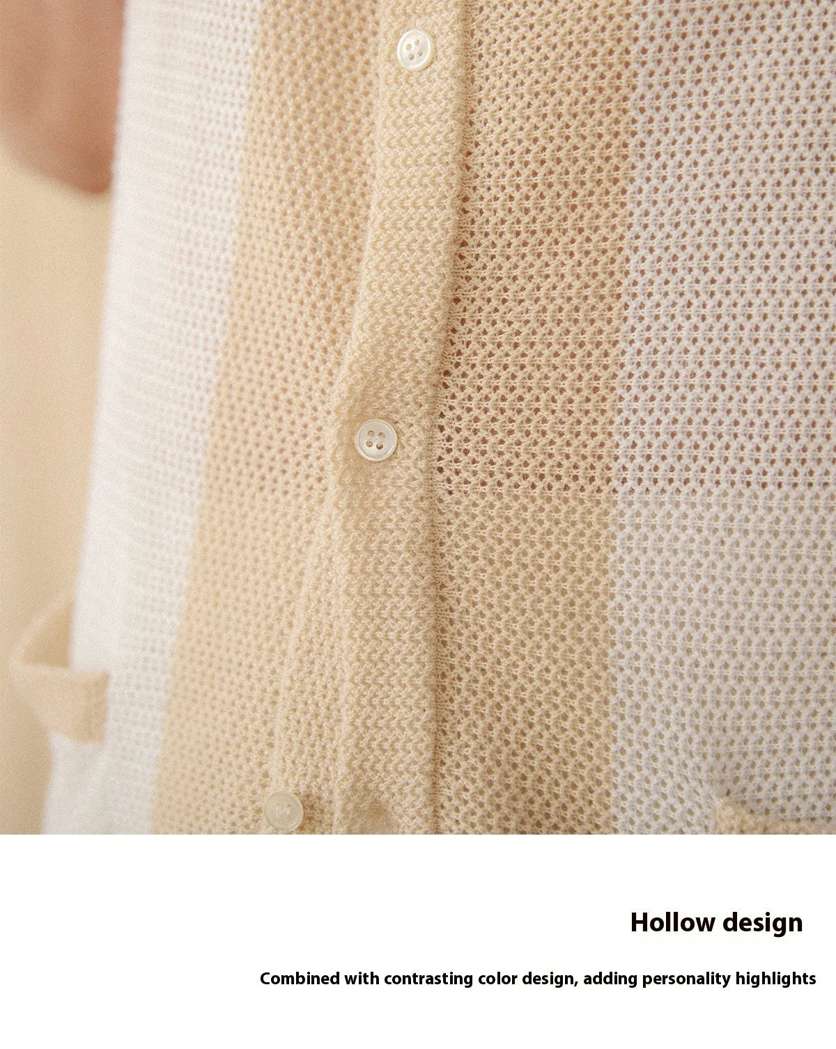 Beige short-sleeved women's cardigan with lapel collar and hollow knit texture