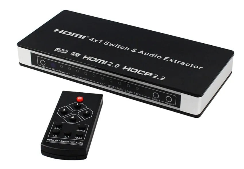 Black HDMI switch with four inputs one output, remote control and 10 metre cable for multi-source connectivity