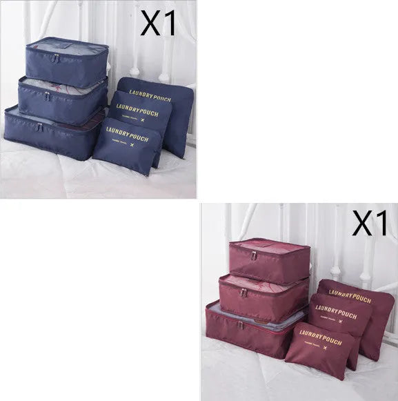 6 piece polyester travel storage bag set in hand bag type shape for clothes and cosmetic organisation, various colour options