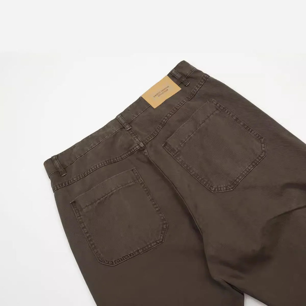Men's brown straight-leg cotton trousers with high waist and zipper fly closure