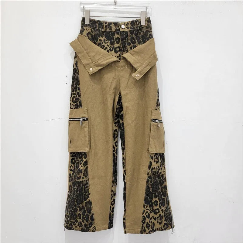 Dark khaki leopard print high-waist jeans with contrast stitching and straight leg.