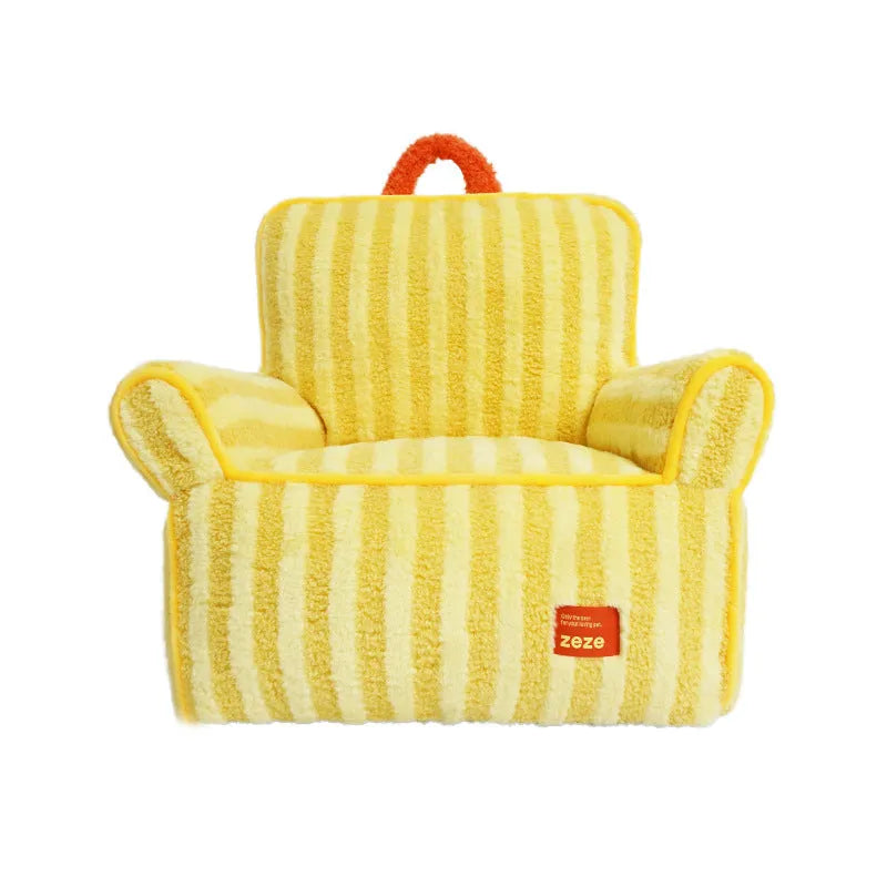 Striped soft velvet dog bed shown in orange, with removable washable design