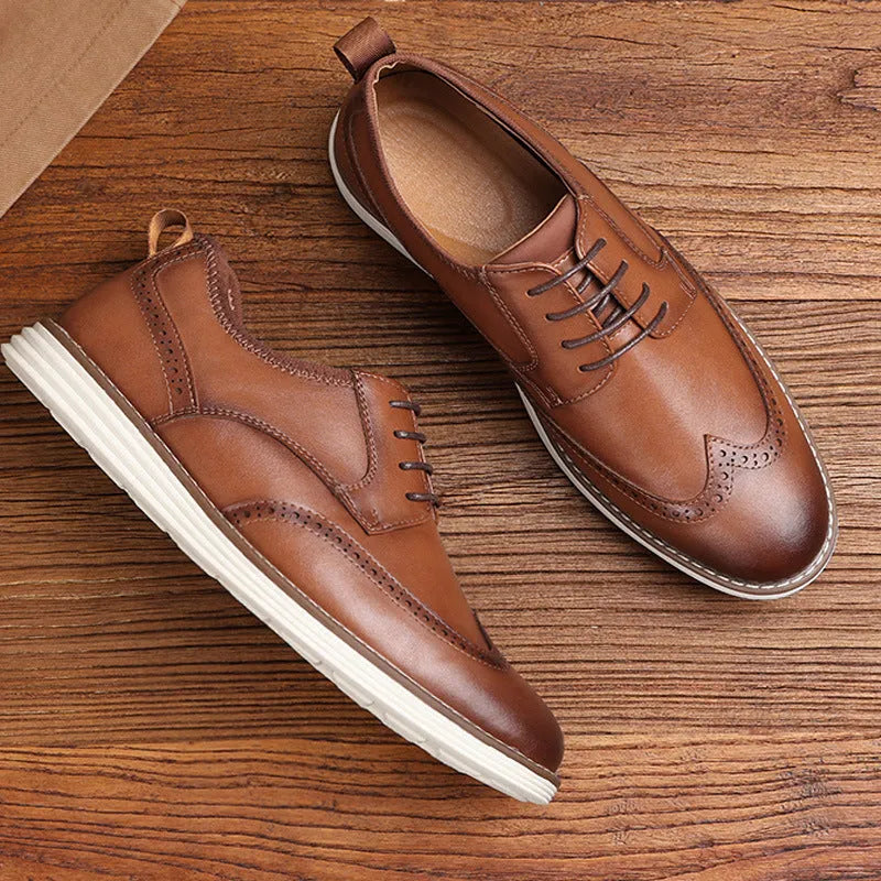 Men's black and brown slip-on business formal shoes with round toe and carved PU upper