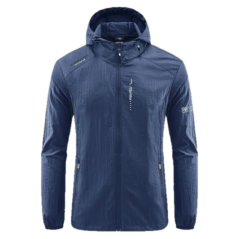 Men's loose fit hooded summer jacket in nylon, shown in light grey colour.