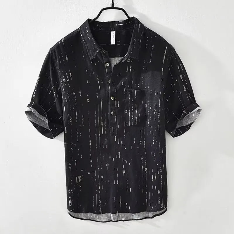 Mens black loose fit lapel polo shirt short sleeve summer casual top