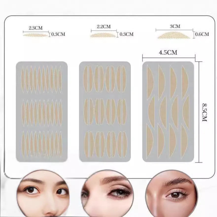 Box of no-glue eyelid support patches in non-woven fabric, showing L, M, and S sizes.