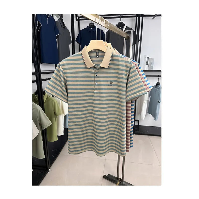 Men's striped casual short sleeve shirt with mosaic pattern in polyester fabric
