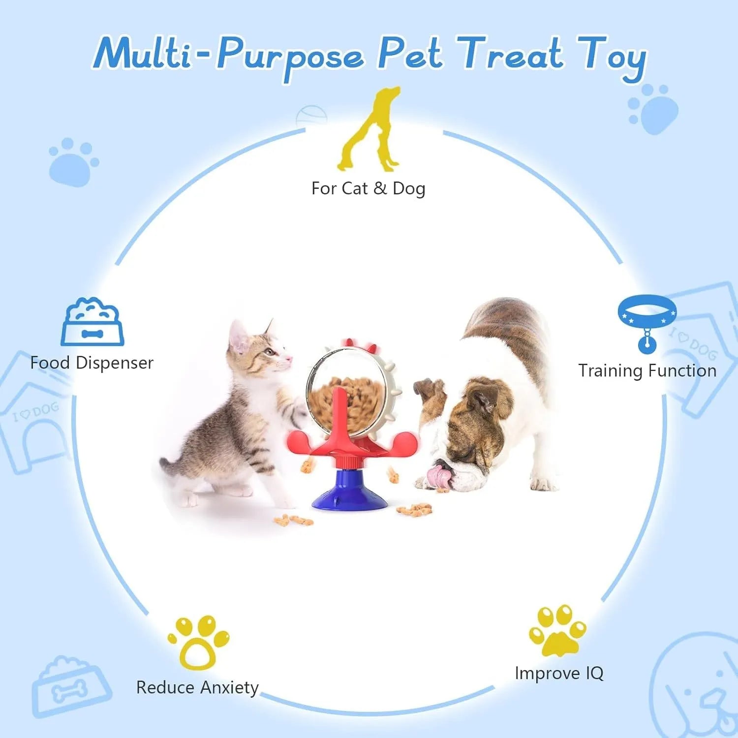 Interactive cat and dog puzzle feeder toy with bell spinner in blue green red yellow colours