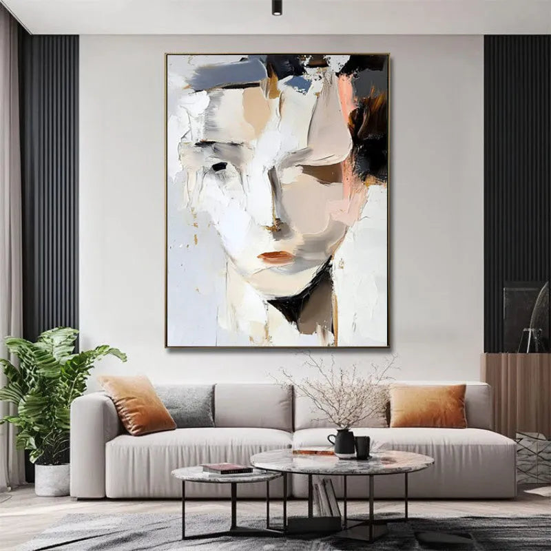 Abstract woman portrait hand-painted oil painting on canvas, black and white, modern wall art for living room