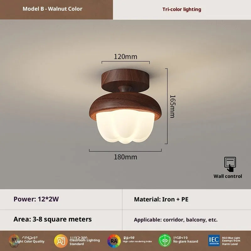 Antique glass ceiling lamp with remote control and tricolour light in wood colour finish for bedroom