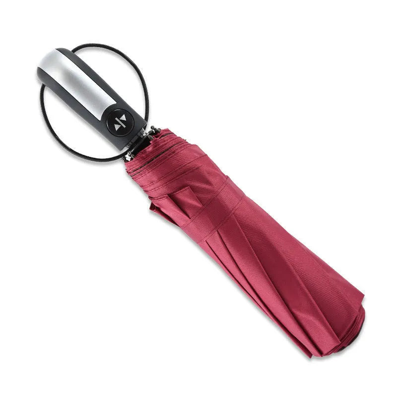 Triple-folding business promotional umbrella with automatic open mechanism and steel ribs