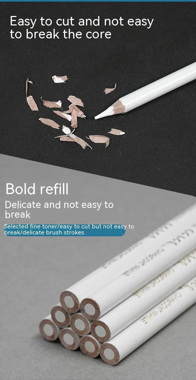 Three white charcoal pencils in wooden casings for art sketching on dark paper
