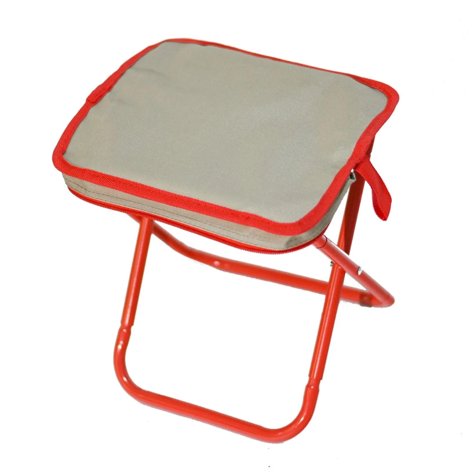 Lightweight foldable outdoor camp stool in Oxford cloth, shown folded and unfolded in khaki colour.