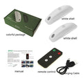 Black remote control LED strobe light with charging cable on a white background.