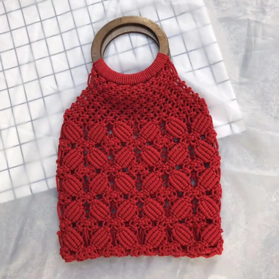 Handmade rope straw shoulder bag in solid colour with hard handle and cotton lining