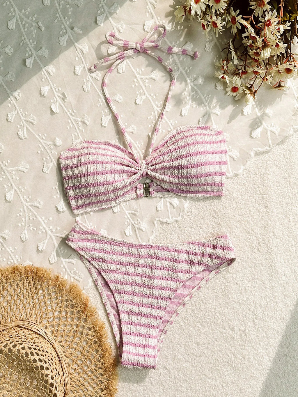 Women's striped printed bikini swimsuit in black, polyester two-piece with briefs bottom and sleeveless top