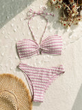 Women's striped printed bikini swimsuit in black, polyester two-piece with briefs bottom and sleeveless top