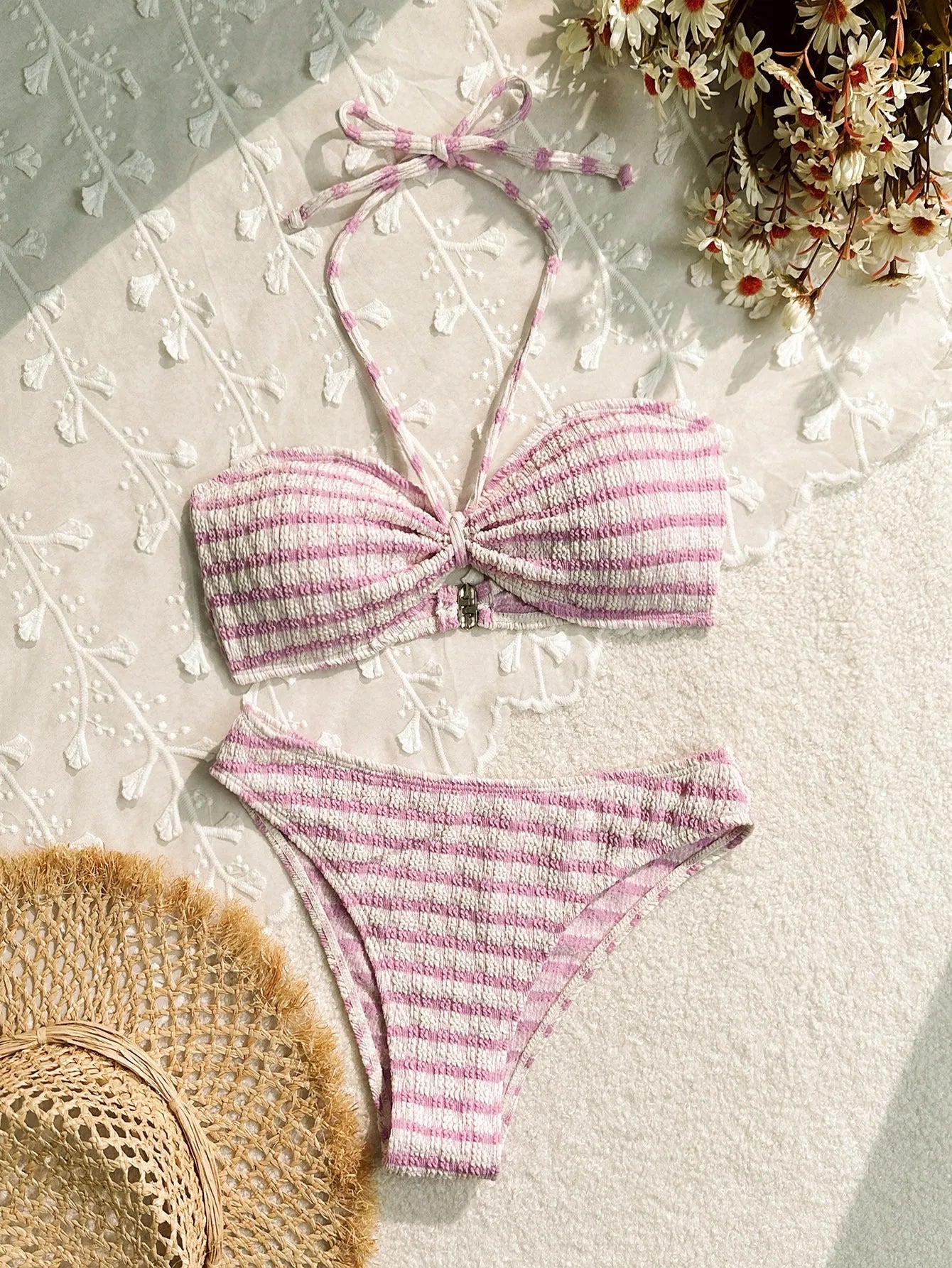 Women's striped printed bikini swimsuit in black, polyester two-piece with briefs bottom and sleeveless top