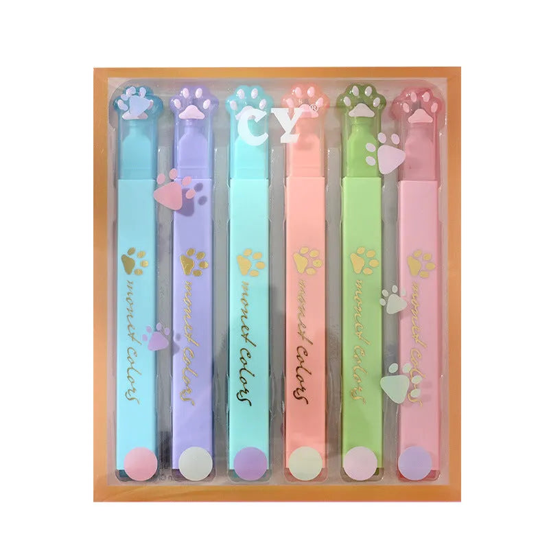 Cat's paw fluorescent marking pen set with six coloured oblique-head refills in plastic case