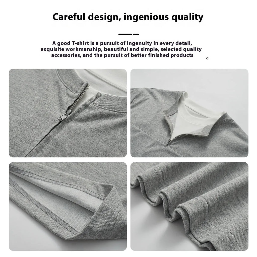 Simple solid colour loose zip false two-piece patchwork top for women in black, cotton blend pullover with collar stitching detail