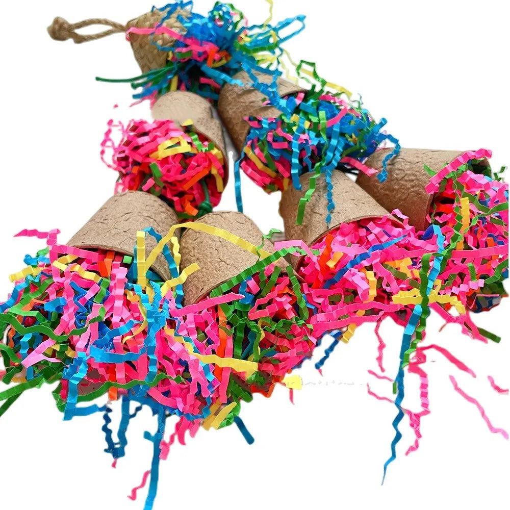 Parrot gnawing toy with palm weaving paper cup design hanging in cage