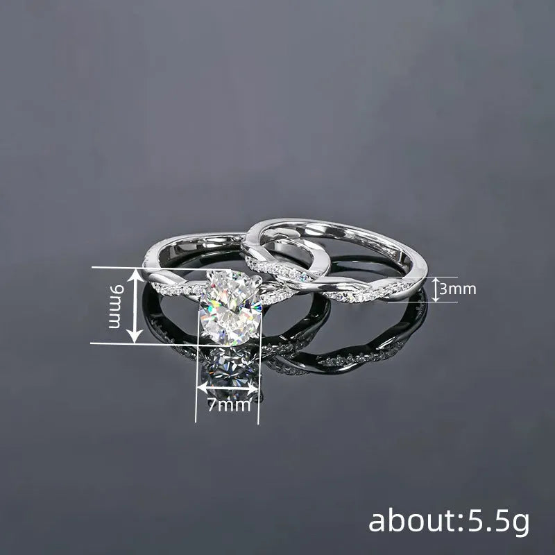 Classical zircon simple ring two-piece wedding set copper white gold colour geometric ellipse design