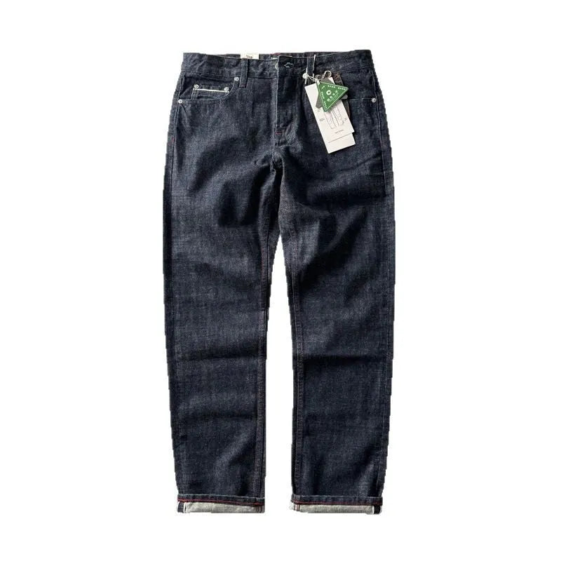 Men's primary colour straight leg jeans in American retro style on a hanger