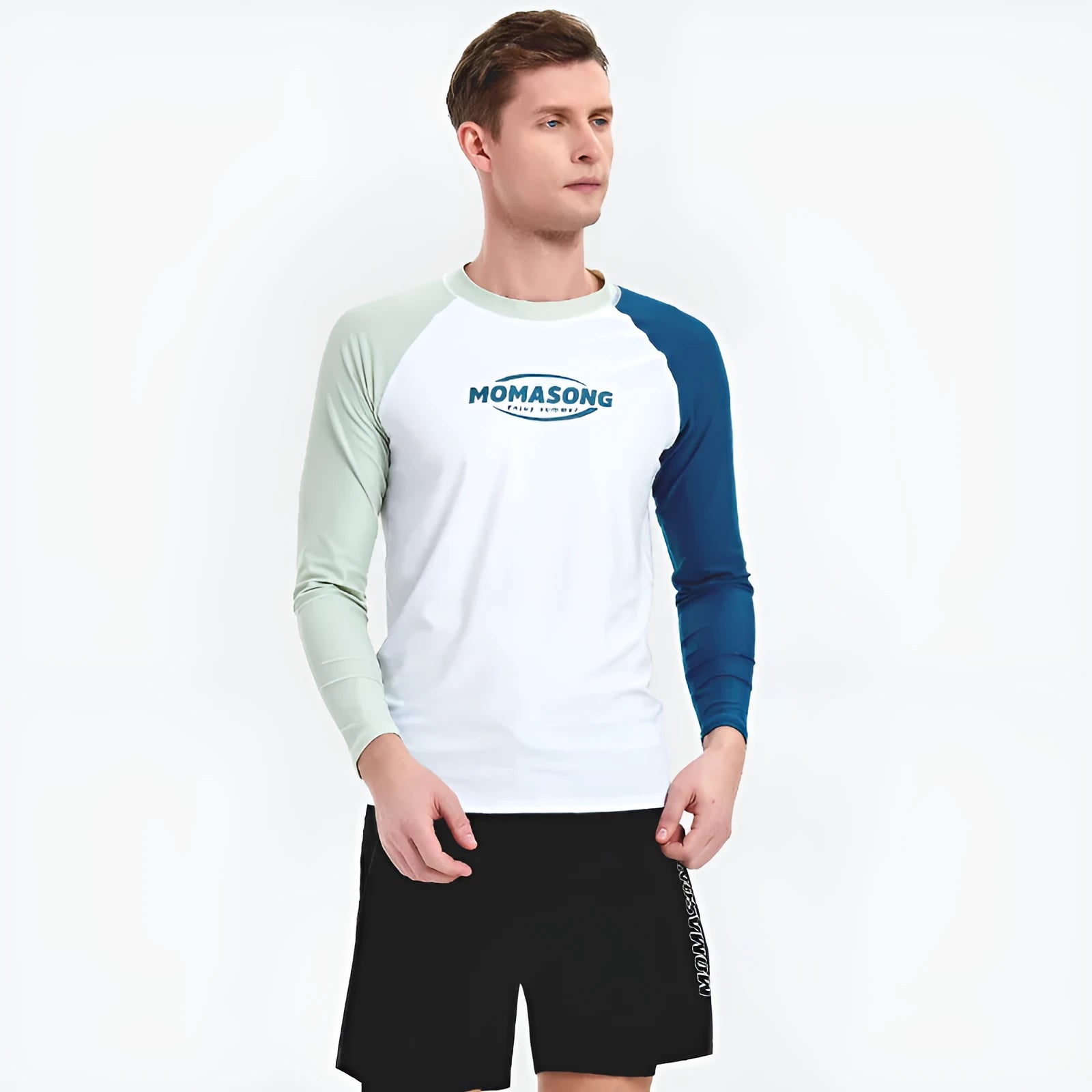 Men's white long-sleeved swimsuit top with colour-matched double-layer swimming trunks