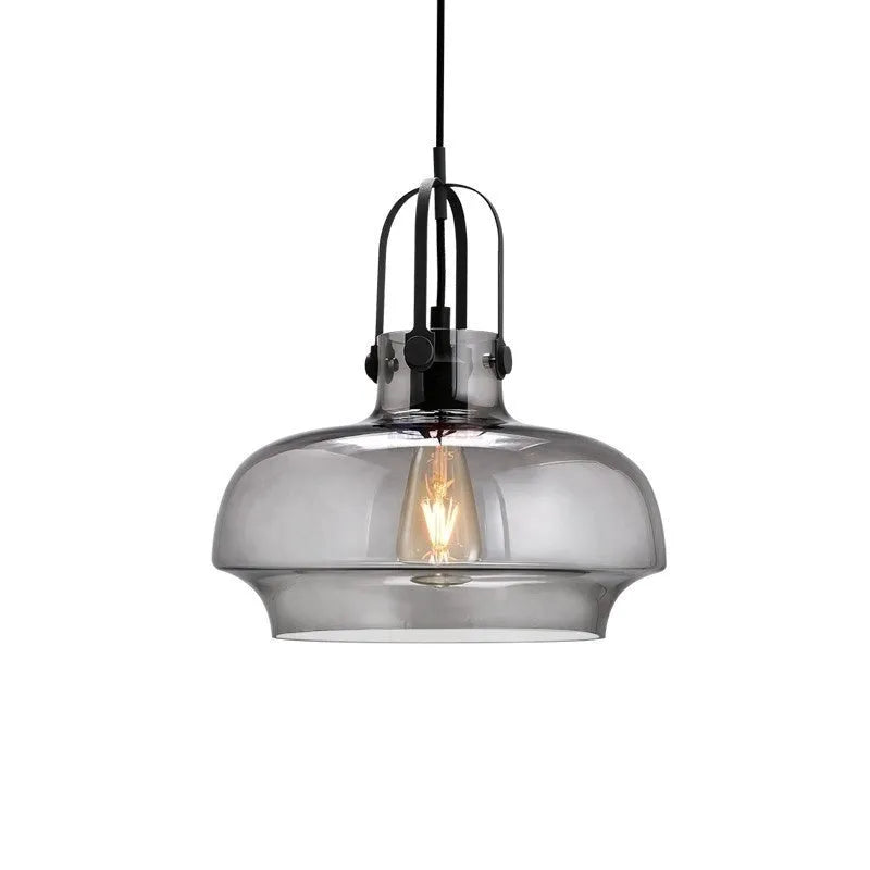 Retro industrial glass chandelier in warm light with transparent shade, 33cm diameter