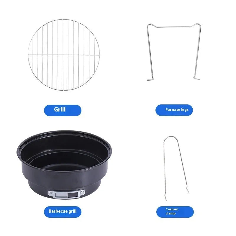 Small folding round ice stove with barbecue grill and accessories for outdoor cooking