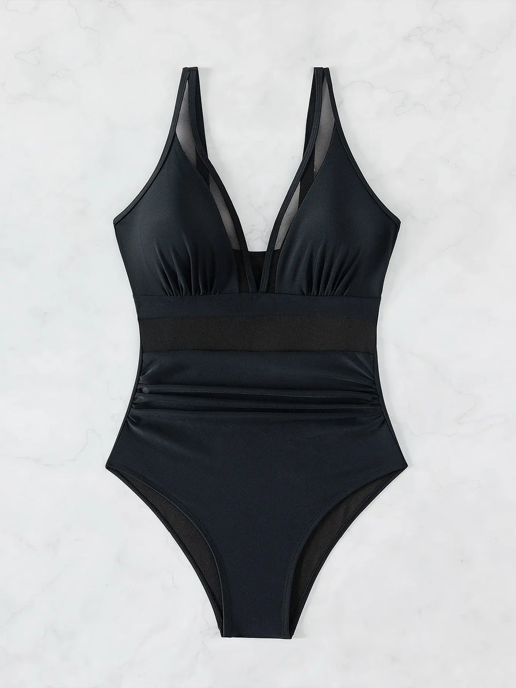 Black women's one-piece swimsuit with mesh halter detailing and sleeveless briefs style