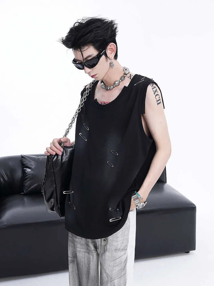 Men's black sleeveless vest t-shirt with ripped irregular cutting design showing round neck collar and cotton blend fabric