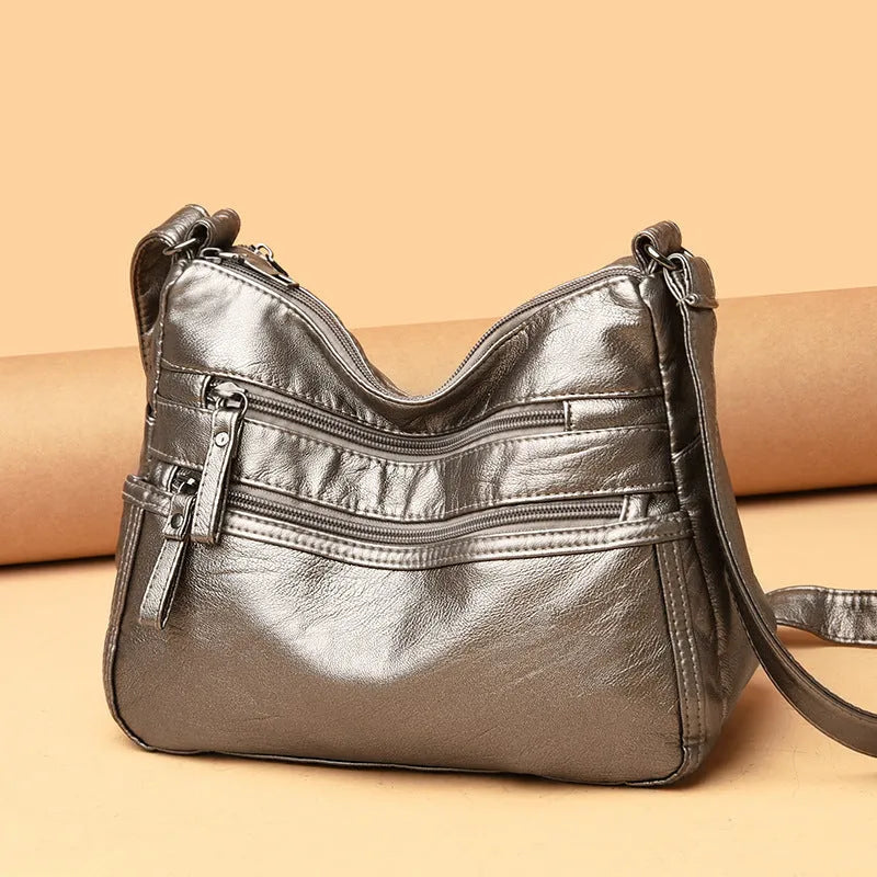 Real washed leather classic solid colour soft leather casual one-shoulder crossbody bag for women