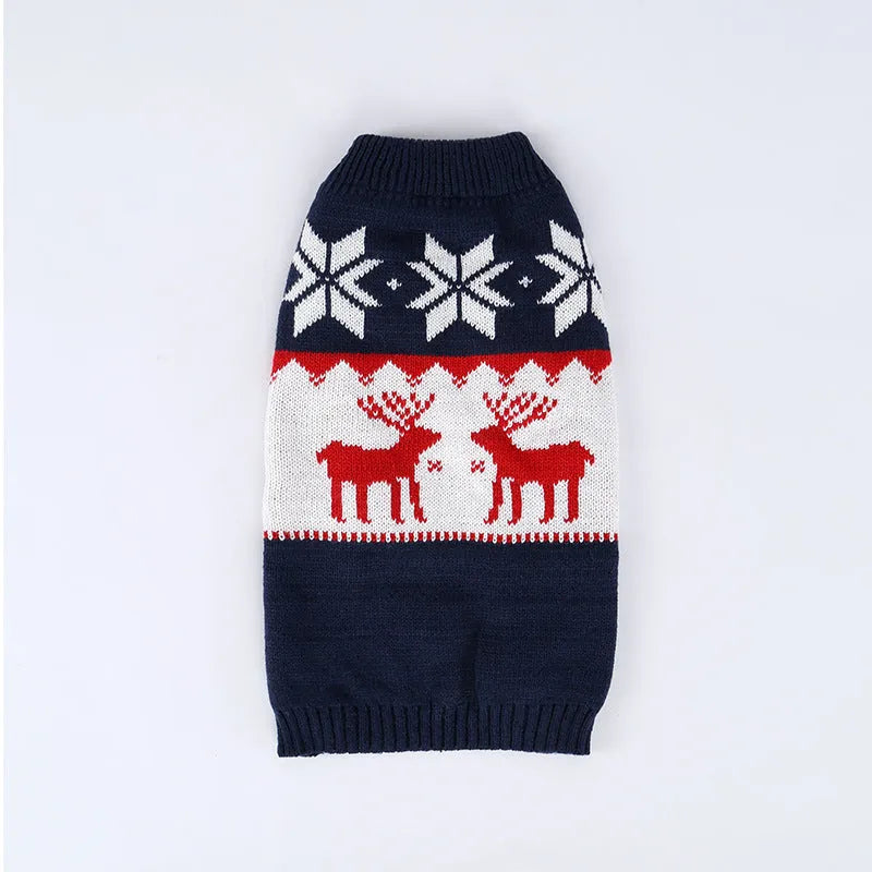 Navy blue knitted Christmas sweater for a dog on a white background.