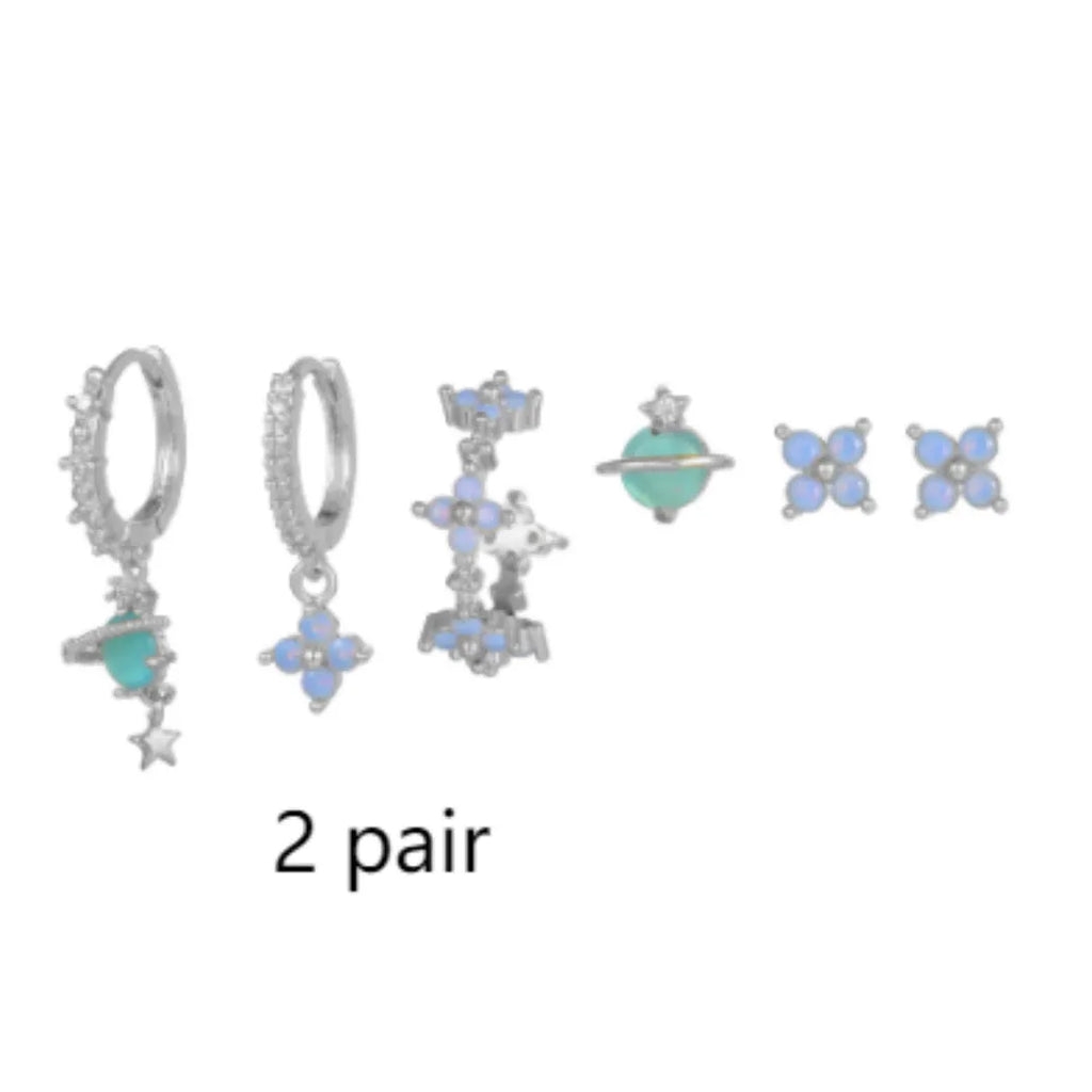 Japanese Korean style floral ear studs with zircon mosaic design in gold and silver colour options