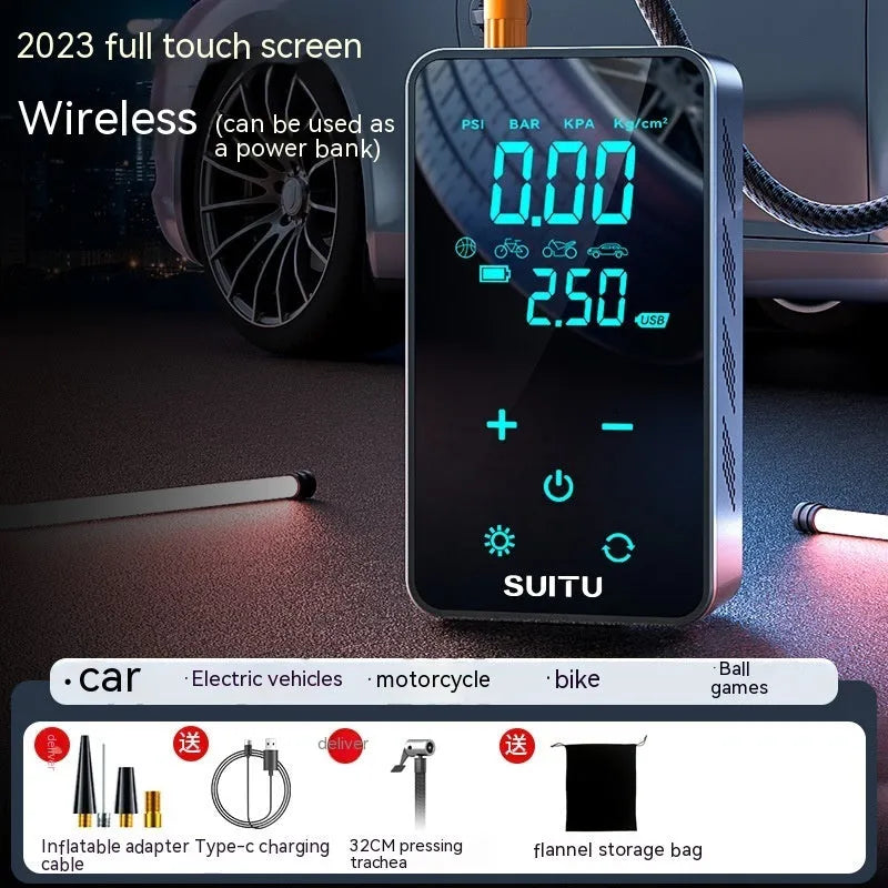 Wireless car tyre pressure inflator with LCD screen showing pressure reading