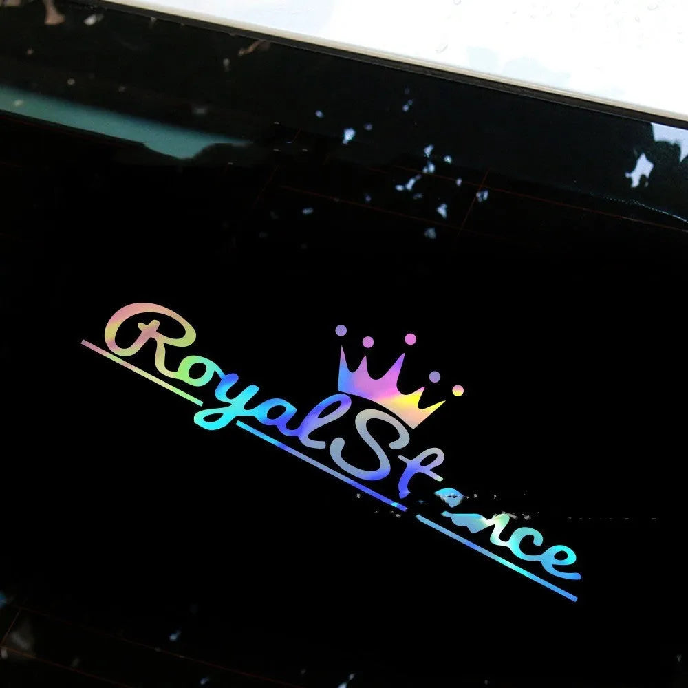Reflective crown design car sticker on white background, showing black, white, and colourful variants