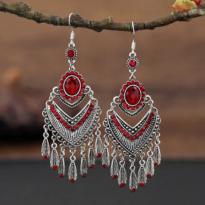 Smart water drop purple retro crystal long fringe earrings with 20-24cm drop shape and ethnic style