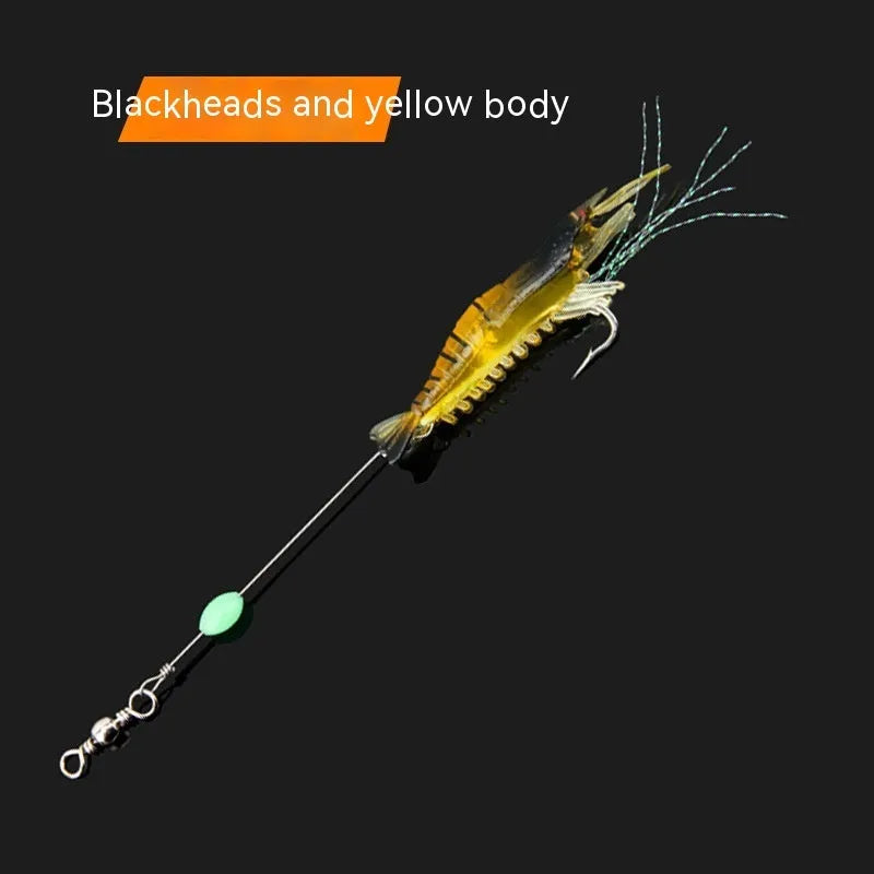 Six soft plastic fishing lures with hooks in assorted colours including black head yellow body and luminous pink