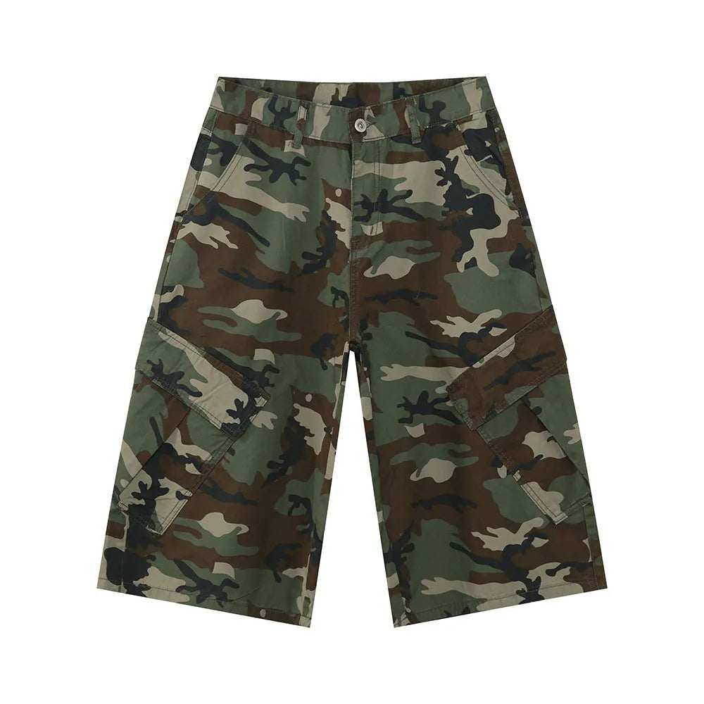Men's camouflage wide leg cotton trousers with side stitching and large pockets