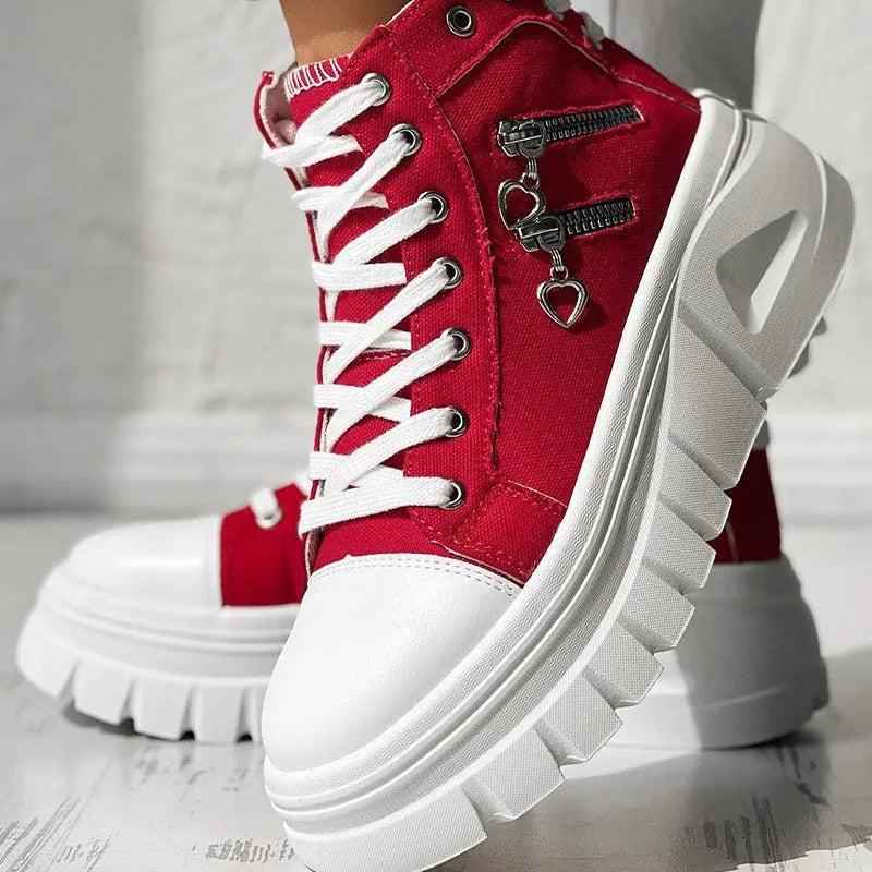 Women's muffin heel sneakers with side zipper and lace-up in denim blue colour option
