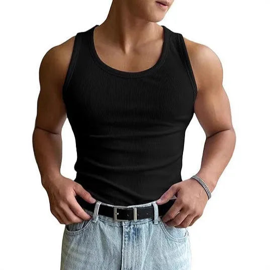 Men's tight-fit round neck sports T-shirt in black, shown from the front.