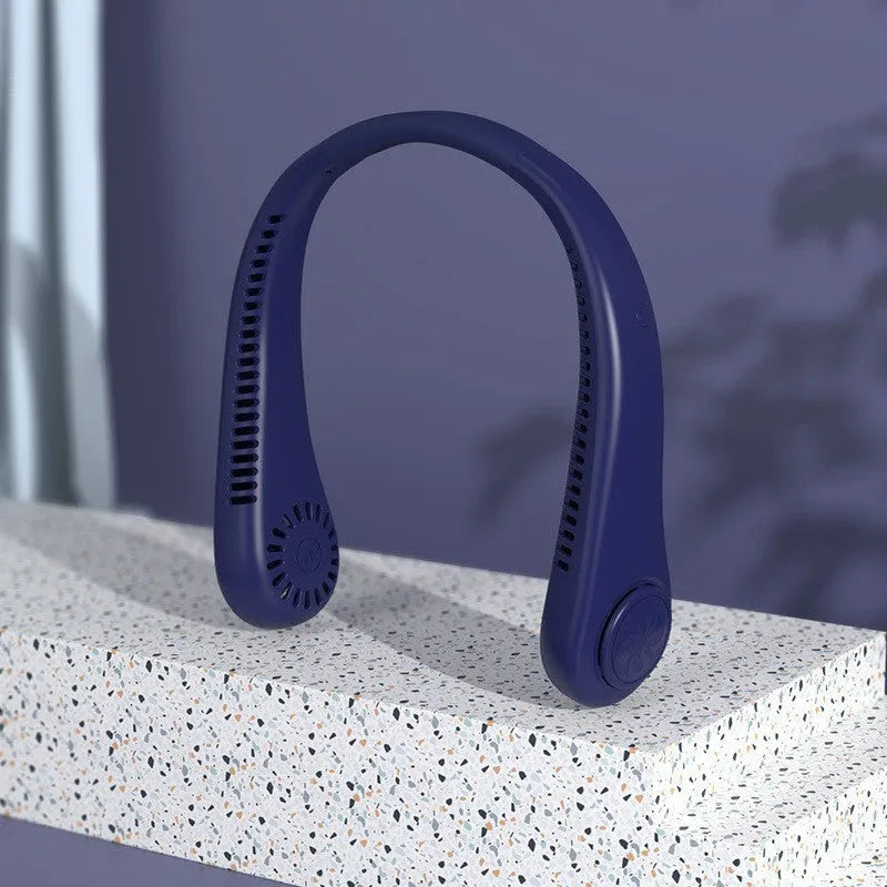 Pink USB rechargeable bladeless neck fan being worn, showing its lightweight and comfortable design.