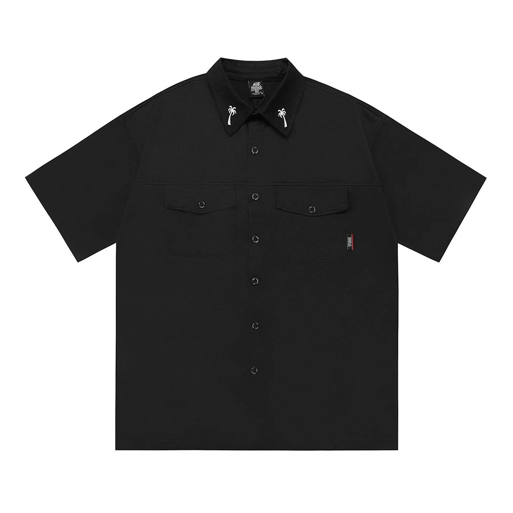 Men's black cotton blend pocket shirt with embroidery detail and half sleeves in loose plus size fit