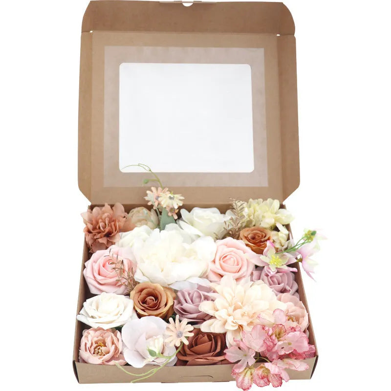 Silk flower bouquet in Lotus Pink Champagne Rose gift box with half-handmade arrangement on white background.