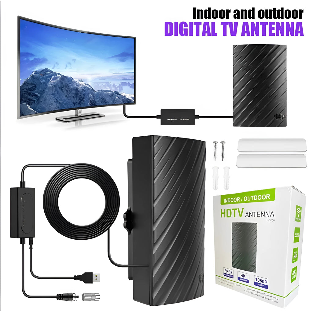 Black indoor digital television antenna with mounting accessories including expansion tubes and screws