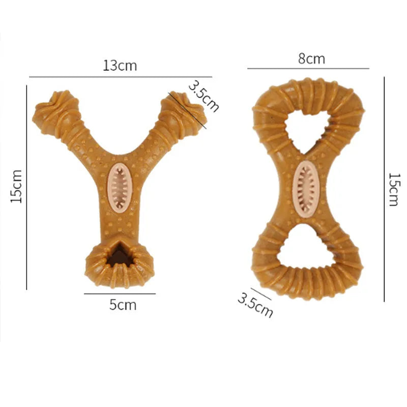 White plastic dog chew toy showing 8 shape and Y shape designs, 18 cm long